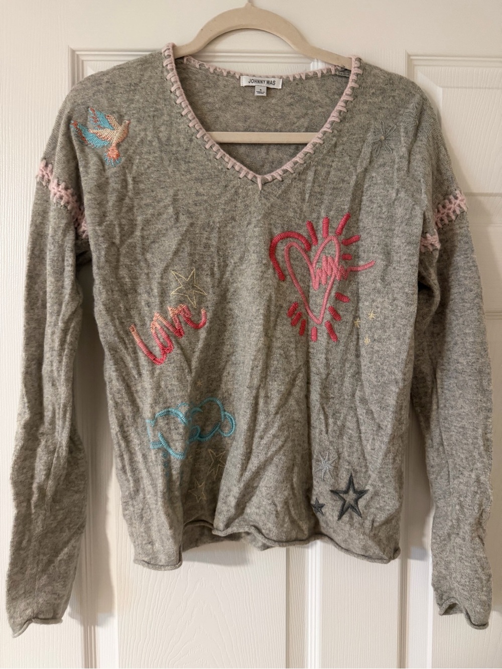 Johnny Was Gray Embroidered V-Neck Sweater - Pink & Blue Accents